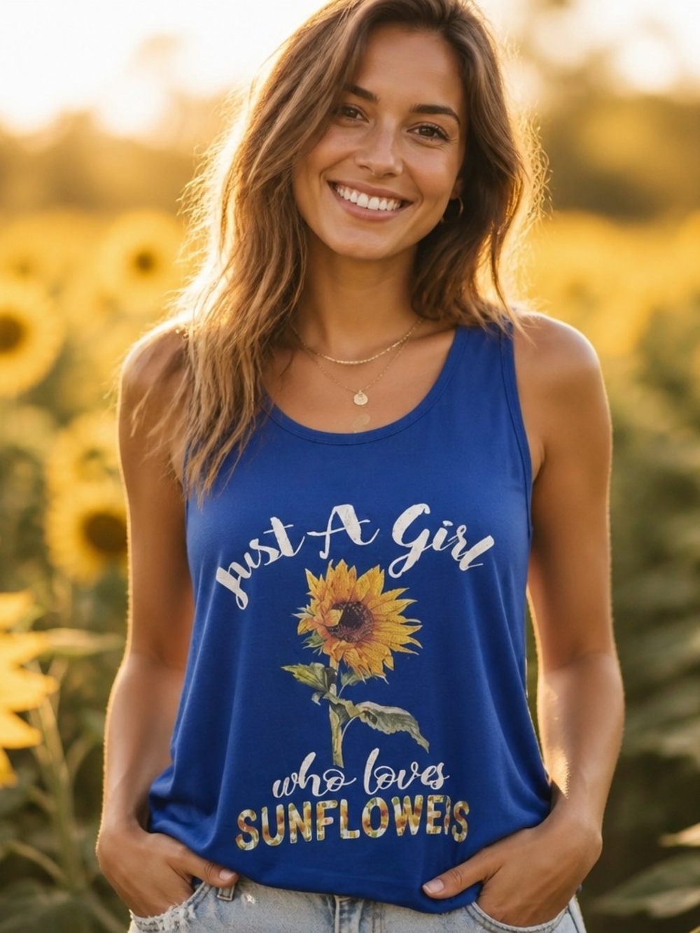 Blue Sunflower Graphic Tank Top - "Just A Girl Who Loves Sunflowers"